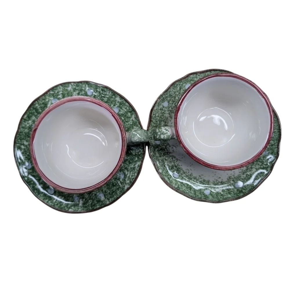Festive Green White Holly Mistletoe Teacup Set Matching Cups Saucers Coffee Tea